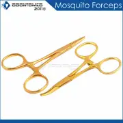 2 Mosquito Hemostat Locking Forceps Clamps Full Gold 3.5'' 1 Straight & 1 Curved