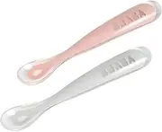 Beaba 1st Stage Silicone Spoon with Case, Light Mist/Vintage Pink (2-Piece Set)