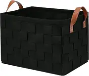 Collapsible Storage Basket Bins, Foldable Handmade Rectangular Felt Fabric Storage Box Cubes Containers with Handles- Large Organizer For Nursery Toys,Kids Room,Towels,Clothes, Black （16"x11.8"x11.5"）
