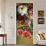 Door Stickers Floral Flower Door Stickers 3D Wallpaper Bedroom Living Room Door Poster Mural Waterproof Home Decor Wall Decals(95x215cm)