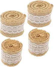 OFFSCH 4 Rolls Delicate Lace Burlap Napkin Rings for DIY Crafts Present Wrapping Rustic Jute Ribbon Bands for Weddings Parties Decorative Touch for Table Settings