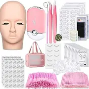 Eyelash Practice Kit Lash Kit for Eyelash Extension USB Air Conditioning Blower False Eyelash Mannequin Head Eye Lash Extension Kit Permanet for Beginner Makeup Training (Pink Set)