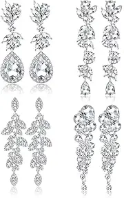 [Sanfenly] 4 Pairs Clip on Earrings for Women Wedding Crystal Teardrop Wedding Earrings Clip on Dangle Earrings for Brides Bridesmaids Non Pierced
