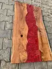 Custom Red Epoxy Resin Coffee Table | Modern Live Edge Wood & Resin Sofa Table