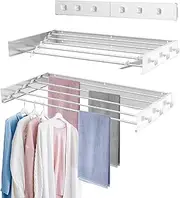 kenvc Upgrade 6 Knob Hooks Wall Mounted Drying Rack, 31.5" Wide Collapsible Laundry Drying Racks, Foldable Collapsible Wall Mount Laundry Drying Rack with Wall Template for Bathroom Balcony