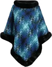 [Zzalalana] Womens Faux Fur Collar Shawl Wraps Fall Winter Casual Warm Poncho Cape Plaid Knitted Pullover Cloak Coat