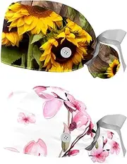 [YTYVAGT] 2-Pc,Nurse Scrub Caps,Scrub Hats with Buttons and Cotton Sweatband,Flowers on Old Wooden Background