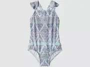 $87 Seafolly Kids Girls Blue Printed Ruffle Strap One Piece Swimwear AUS Size 4