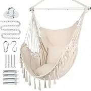 Extra Large Hammock Chair Swing with Hardware Kit, Papasan Chair, Hanging Macrame Chair Cotton Canvas, Include Carry Bag & Two Soft Seat Cushions, for Bedroom Indoor Outdoor(Beige)