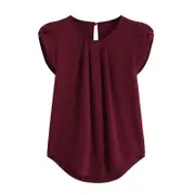 Catzon Womens Casual Round Neck Basic Pleated Top Short Sleeve Curved Keyhole Back Blouse-Wine Red
