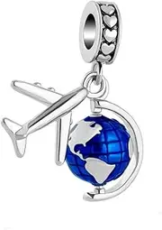 [SBI Jewelry] Women Airplane Travel Blue Earth Charm Compatible with Pandora Charm Bracelet Silver Dangle Pendant Anniversary Birthday, Leather Cubic Zirconia Silver Copper, No Gemstone