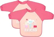 Peppa Pig Long Sleeve Bib, 2 Pack Pink Waterproof Lining, Elasticated Cuffs, Hook & Loop Neck Fastener For Babies, Toddler 6M+ Machine Washable Fabric Coverall Bib, Pink, One Size