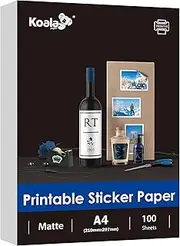 Koala 100 Sheets Sticker Paper Matte White, A4 Size Printable Full Sheet Label Paper for Inkjet Printers