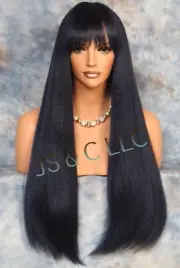 Human hair blend Full Wig Straight Blue Black Heat OK Bangs WEMG