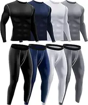 [Hicarer] 4 Pcs Thermal Underwear Set for Men Compression Pants Long Sleeve Shirts Base Layer Quick Dry Top Bottom for Sports