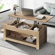 [ALFORDSON] Lift Tabletop Coffee Table Center Table Wood Color, Living Room Office Reception Dining Table with Rising Top, Hidden Storage and Open Shelf