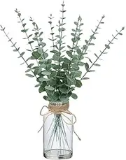 Avoik Artificial Plants Eucalyptus Branch in Glass Vase, 15.7” Fake Plant Greenery Stems Leaves Branches Faux Eucalyptus Stems for Home Office Farmhouse Wedding Table Centerpiece Décor