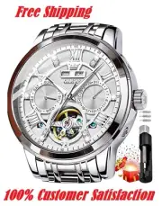 OLEVS Men Skeleton Watches Stainless Steel Analog Quartz Moon Phase Male Watch