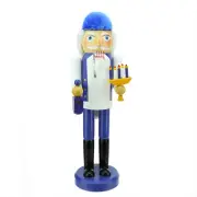 14" Decorative Blue and White Wooden Hanukkah Nutcracker with Menorah and Dreide