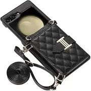 UYPTK Crossbody Cards Slot Wallet Leather Case for Samsung Galaxy Z Flip 5 4 3 Flip5 Flip4 5G Strap Cover,Black,for Galaxy Z Flip 5