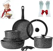 Gourmetific Cookware Set, 11/15 Piece Gourmetific Cookware Set Stackables with Removable Handle, with Non-Stick Ceramic Coating, Oven Safe (Black,11PCS)