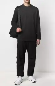 Authentic Men's Y-3 Round Neck Pullover Logo Long Sleeves Black T-Shirt FN3361 M