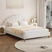 Oikiture Double Size Bed Frame with Scallop-Shape Bed Head White Boucle Double Bed Base