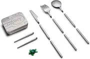 Outlery | Portable & Reusable Stainless Steel Travel Cutlery Set and Reusable Chopsticks (Raw Silver) Pocket Sized Cutlery Set