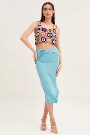 Blue Midi Skirt High Rise Side Split Rib - Size 8, Women's Midi Skirt