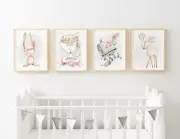 Baby, Girl Nursery Bedroom Wall Art decor set of four prints woodland animals