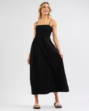 [Rhythm] Rhythm Women's Classic Shirred Midi Dress in Black Size 8 8 Black