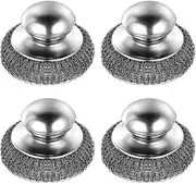 Zalizr 4 Pcs Stainless Steel Scrubber with Handle, Non-Scratch Round Steel Wool Scourer for Cleaning Pots, Pans, Grills, Sinks, Dishes, Stoves