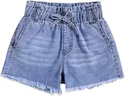 [Floerns] Girl's Elastic Waist Frayed Hem Shorts Paperbag Denim Shorts