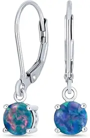 [Bling Jewelry] Classic Gemstone Circle Solitaire Fire Orange Pink Blue White Opal Dangle Lever Back Earrings For Women Teen .925 Sterling Silver October Birthstone