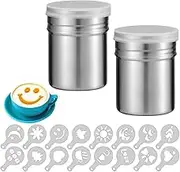 Stainless Steel Powder Shaker with 16 Piece Printing Stencils Chocolate Shaker for Coffee Cocoa Powder Durable Food Grade 304 Stainless Steel Easy Clean and Freshness Seal Ideal for Kitchen Use