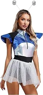 [Rswnyirn] Womens Fly Sleeve Outer Space Fighter Alien Dressup Astronaut Costume Dance Tutu Dress