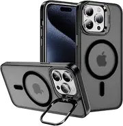 for iPhone 14 Pro Max Case with Metal Camera Stand [Compatible with Magsafe] Full Protection Shockproof Cover Translucent Magnetic Case for iPhone 14 Pro Max (Black)