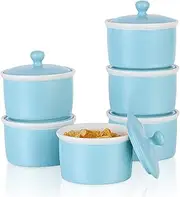240ml Porcelain Ramekins with Lid, Candiicap Souffle Dishes Bowls with Lid for Baking, Pudding, Creme Brulee, Custard Cups, Serving Dip, Oven, Microwave and Dishwasher Safe (240ml,Matte Blue)