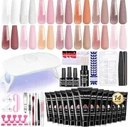 JODSONE 14 Pcs Poly Gel Nail Kit With U V Light Starter Kit Nude Clear Pink Brown Poly Extension Gel Nail Kit With Base Top Coat Nail Art Tools All In One Kit Starter Kit