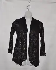 Bob Mackie Crinkled Lurex Long Sleeve Knit Cardigan w/ Uneven Hem Size S Black