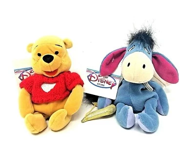 DISNEY POOH W/RED SWEATER 8" & CUPID EEYORE 9" MINI BEAN BAG PLUSH TOY ~ NEW