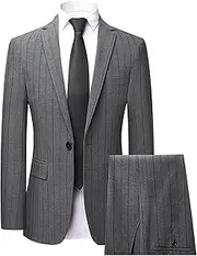 [Zylphorix] Men's Classic Stripe Suit 2 Piece Elegant Prom Tuxedo Business Set Party Wedding Solid Jacket Pants