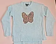NWT Blush & Bloom Sz M Girls Light Blue Butterfly Silver Sequins Sweater