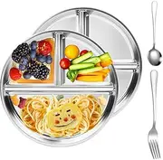 Ceeyoll Stainless Steel Children's Plate, 23 cm Divided Plate Set, Reusable Portion Plates for Children and Adults, Bring a Fork and a Round Spoon, Camping Esstray.