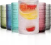 Set of 6 Hobnail Drinking Glasses,15 oz Colored, Vintage Jupiter Glass Cups, Embossed Old Fsahioned Cute Glassware for Beer,Water,Juice,Cocktail,Iced Coffee,Gift