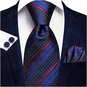 [VSOLS] Men's Blue Black Striped Tie 3.4" Tie Pocket Square Cufflinks Wedding Party Silk Tie Set (Color : SN-3416, Size : 59.06 * 3.35in)