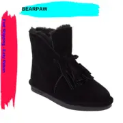 BEARPAW Christie Suede Sheepskin Fringe Boot with NeverWet - Black - 5.