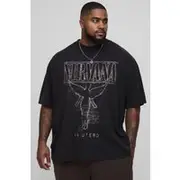 Mens Acid Wash Black Plus Oversized Nirvana License Acid Wash Print T-Shirt