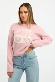 Pink Cherry Knit Top Long Sleeve - Size 14L, Women's Crop Knitted