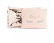 LC Lauren Conrad “Wing It” 2 Piece Cosmetic Bag Set Rose Gold NWT Sequins